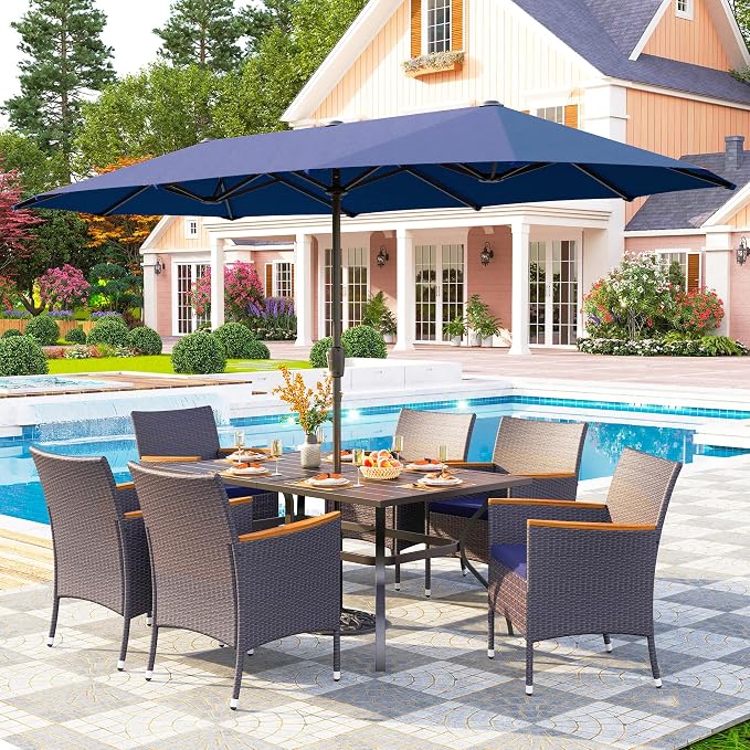 PHI VILLA 7pc Patio Dining Set w/Umbrella, Rectangular Table, Rattan Chairs | Outdoor Dining Set for 6, 60" Metal Table & 6 Cushioned Rattan Chairs with Navy Blue Umbrella for Outdoor, Deck, Yard, Porch