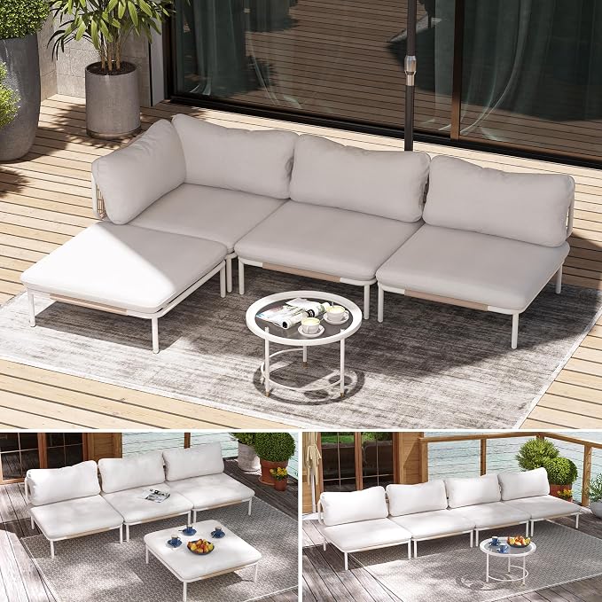 Patio Furniture Set, Outdoor Patio Furniture Oversized Metal Single Sofa, 4-seat Conversation Set with Cushion for Indoor and Outdoor, White Frame and Beige Mat, （4Seats 4 Armrests）