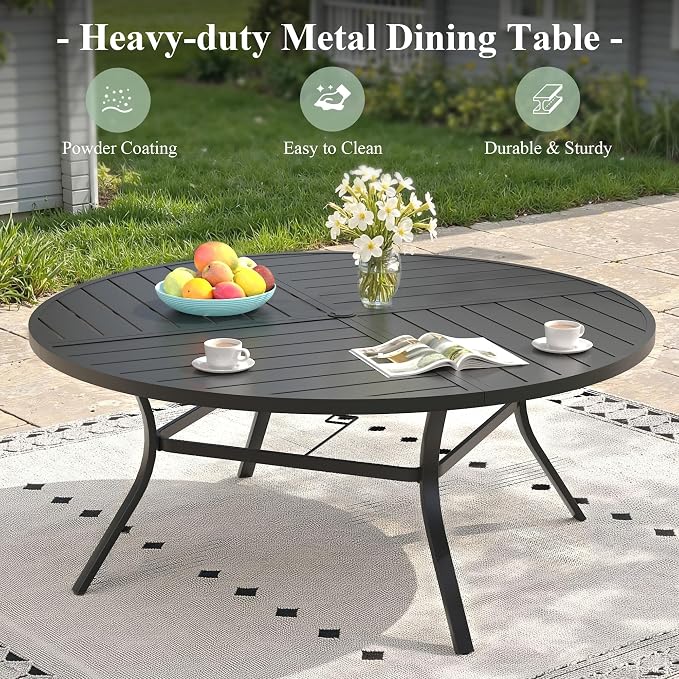 Outdoor Dining Set for 8, 63.1" Metal Round Outdoor Dining Table with Umbrella Hole and Sling Patio Swivel Chairs, 9 Pieces Patio Table and Chairs Set for Garden Backyard, Charcoal and Black