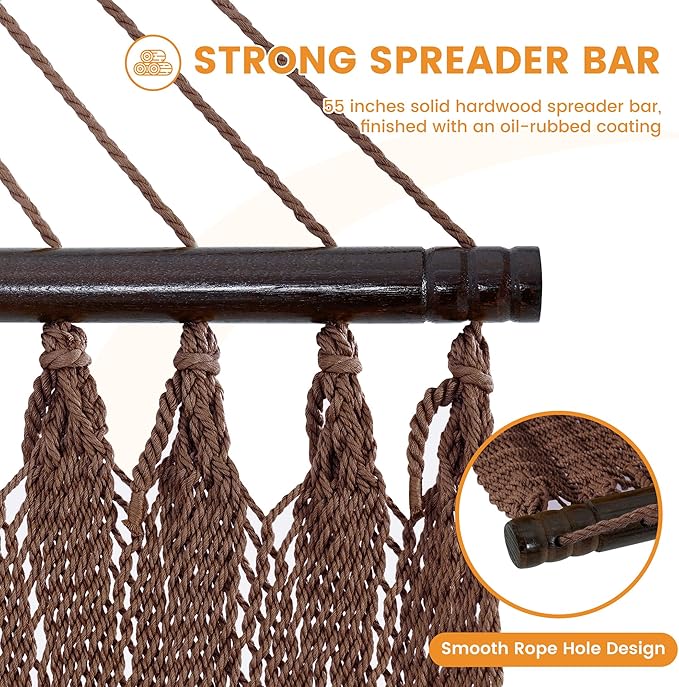 Lazy Daze Hammocks 13 FT Extra Large 2+ Person Caribbean Rope Hammock, Hand Woven Polyester XL Hammock with Spreader Bars, for Outside Outdoor Backyard Patio Poolside, 500 LBS Capacity, Brown