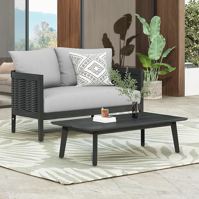 Merax Outdoor Acacia Wood Wicker Conversation Set 2 Seater with Loveseat and Coffetable for Backyard Garden