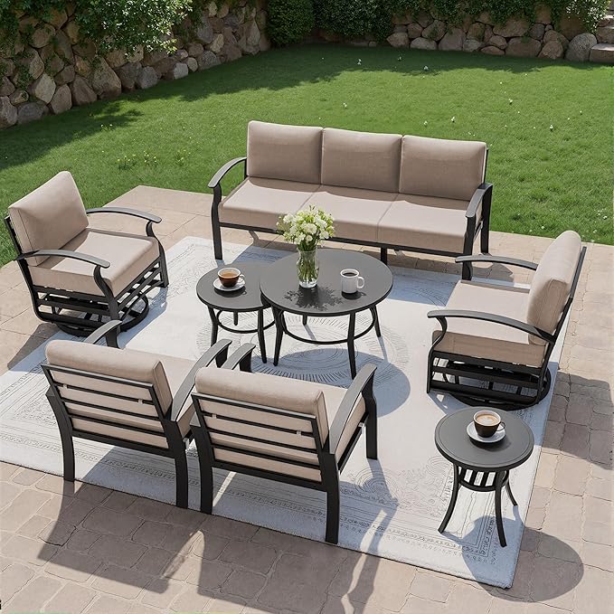 Kullavik Aluminum Patio Furniture Set with Round Coffee Tables,7-seat Metal Outdoor Sectional Furniture w/5.1" Cushions,Patio Conversation Sets with Swivel Chairs for Garden,Backyard,Porch-Sand