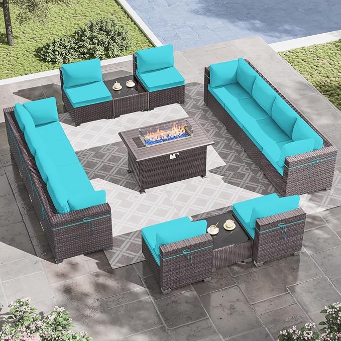 15 Pieces Outdoor Patio Furniture Set,Outdoor Sectional Furniture with 43" 55000 BTU Gas Propane Fire Pit Table,All Weather PE Rattan Wicker Patio Conversation Set,Turquoise Blue