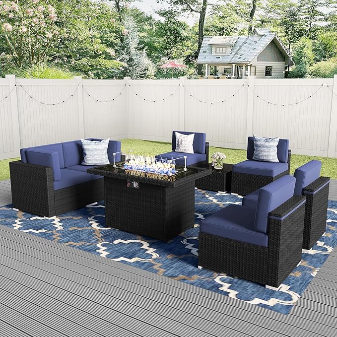 8 Pieces Patio Furniture Set with 44" Propane Gas Fire Pit Table, Outdoor Sectional Wicker Conversation Sofa Sets with Coffee Table