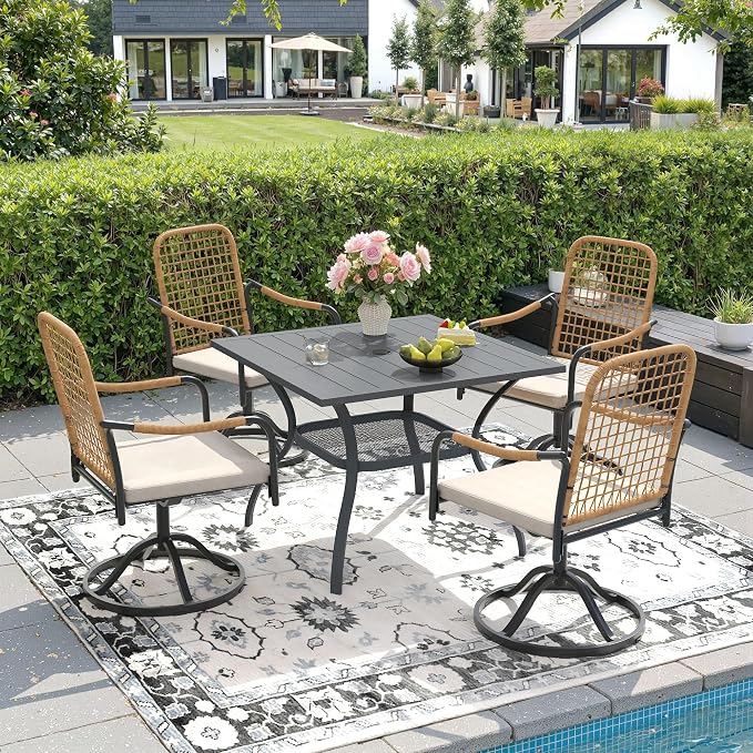 DIFY 5 Pieces Outdoor Dining Set, Metal Patio Table and Chairs Set for 4, 37.8" Square Dining Table with Umbrella Hole & Wicker Swivel Patio Chairs with Cushions, Grey Tabletop