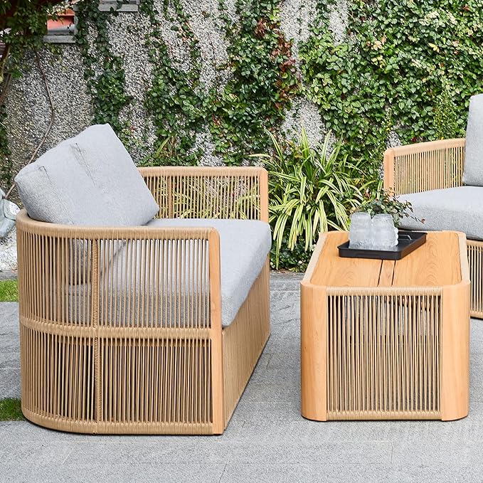 2 Piece Patio Furniture Set, Olefin Rope Patio Conversation Set, Aluminum Patio Sofa Set, 2 Seat Loveseat Couch with Coffee Table, All Weather Outdoor Sectional Furniture for Indoor/Yard, Grey