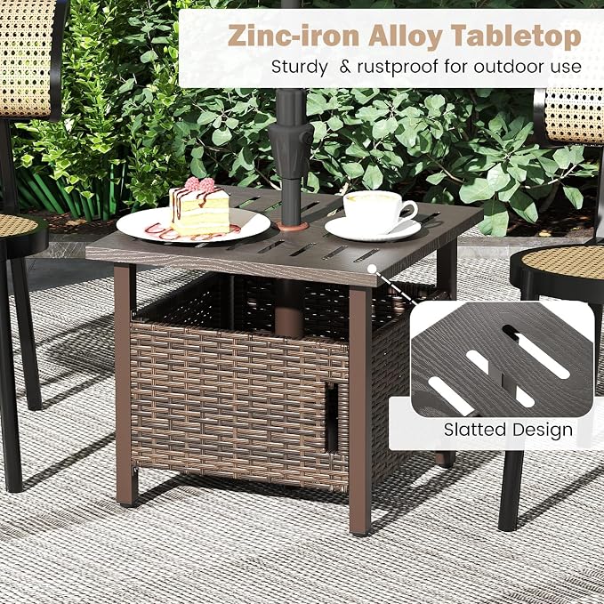 Outdoor Side Table with Umbrella Hole, Umbrella Table with Zinc-Iron Alloy Tabletop, 2 Sand Bags & Single-Door Cabinet, 22" Wicker End Table for Patio, Garden, Porch, Poolside(Mix Brown)