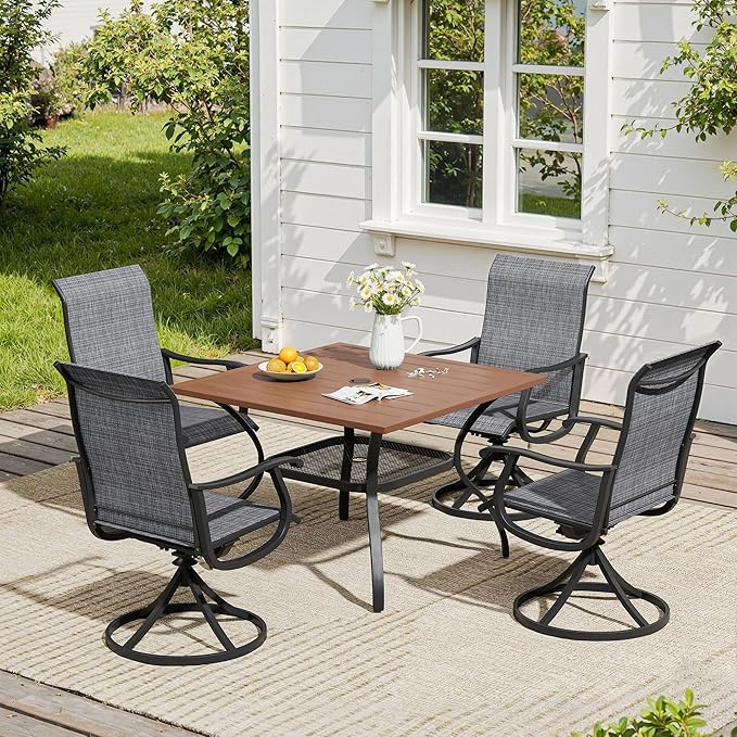 VICLLAX 5 Pieces Patio Dining Set, Patio Furniture Set of 4 Patio Swivel Dining Chairs and Square Patio Table with Storage Shelf, Dark Charcoal Chairs & Walnut Tabletop