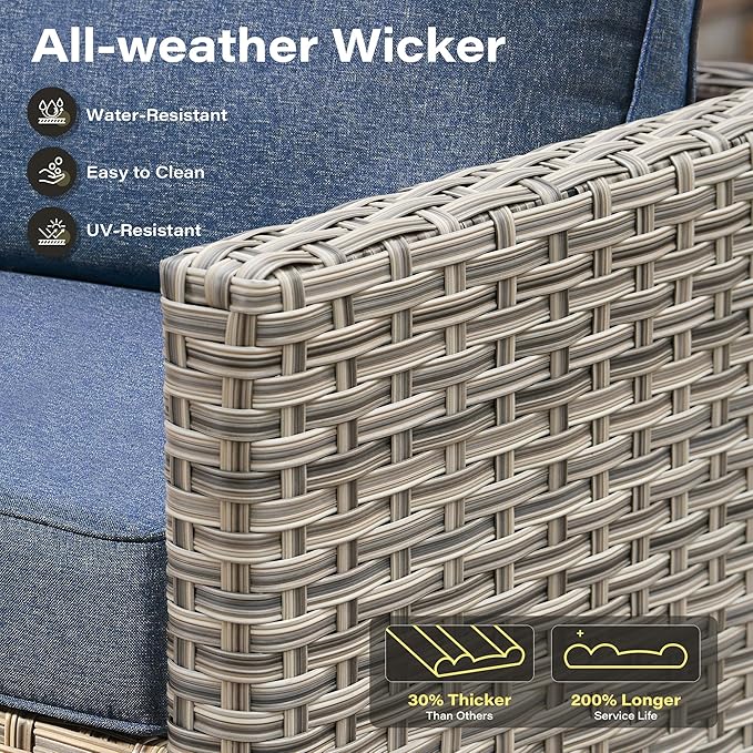 11 Pieces Outdoor Sectional Patio Furniture Set with 54" Fire Pit,Wicker Conversation Sets Rattan L Shaped Couch Swivel Rocking Chairs,Modular Outdoor Sofa for Porch Balcony Backyard Blue