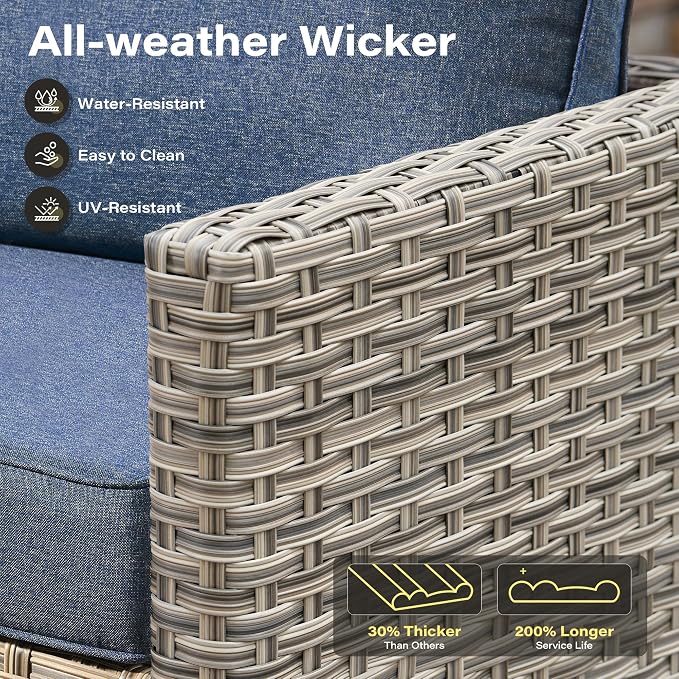 11 Pieces Outdoor Sectional Patio Furniture Set with 54" Fire Pit,Wicker Conversation Sets Rattan L Shaped Couch Swivel Rocking Chairs,Modular Outdoor Sofa for Porch Balcony Backyard Blue