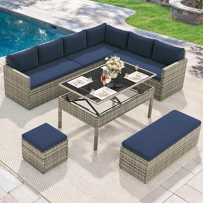 YITAHOME 6-Piece Outdoor Sectional Sofa Set, All-Weather Wicker Patio Conversation Furniture with Lift-Top Dining Table & Ottoman, Navy Blue