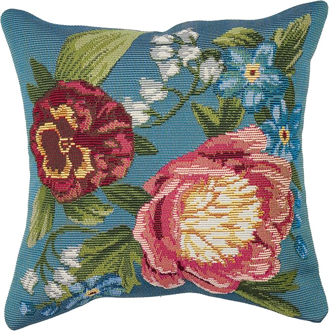 Liora Manne MARINA Indoor/Outdoor Power Loomed Easy Care Pillow - Traditional Graphic Botanical Floral Accent (Secret Garden Aqua) (12" x 18")