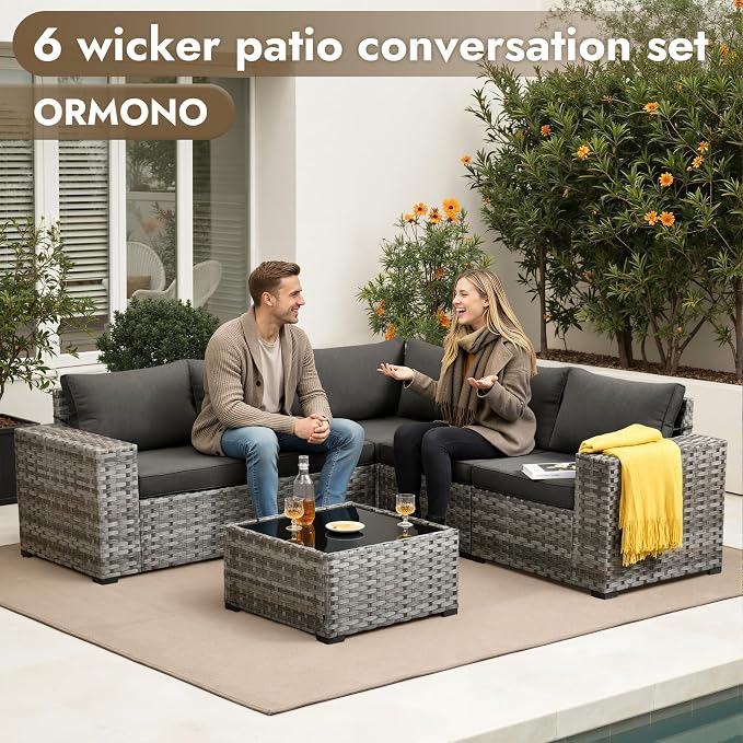 6 Pieces Patio Furniture Set, Wicker Outdoor Sectional Sofa with Coffee Table Comfy Cushions,Modern Modular Deep Seat Rattan Couch Conversation Set for Backyard Porch Yard,Black