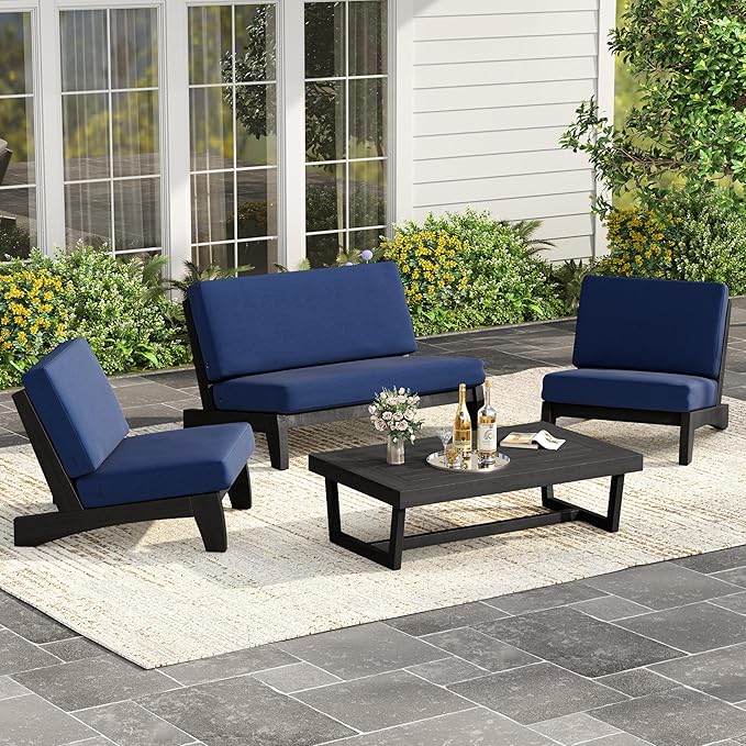 UIXE Black Wood Patio Furniture Sets, 4 Pieces All Weather Outdoor Sectional Futniture Patio Sofa Chair Backyard Conversation Set with Solid Wooden Coffee Table - Navy Blue