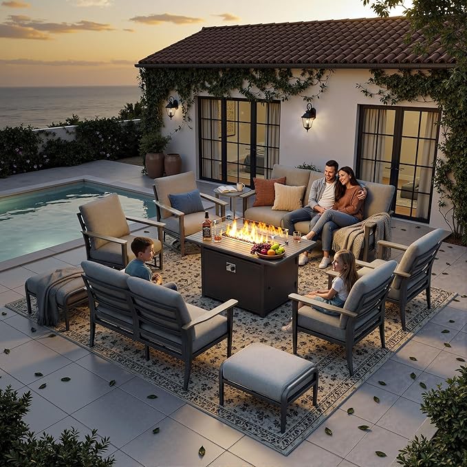 11-Seat Outdoor Patio Furniture Set with Rocking Swivel Chair, Aluminum Sectional Sofa with Ottomans Patio Conversation Set with 55,000 BTU Fire Pit Table & High Backrest, Grey