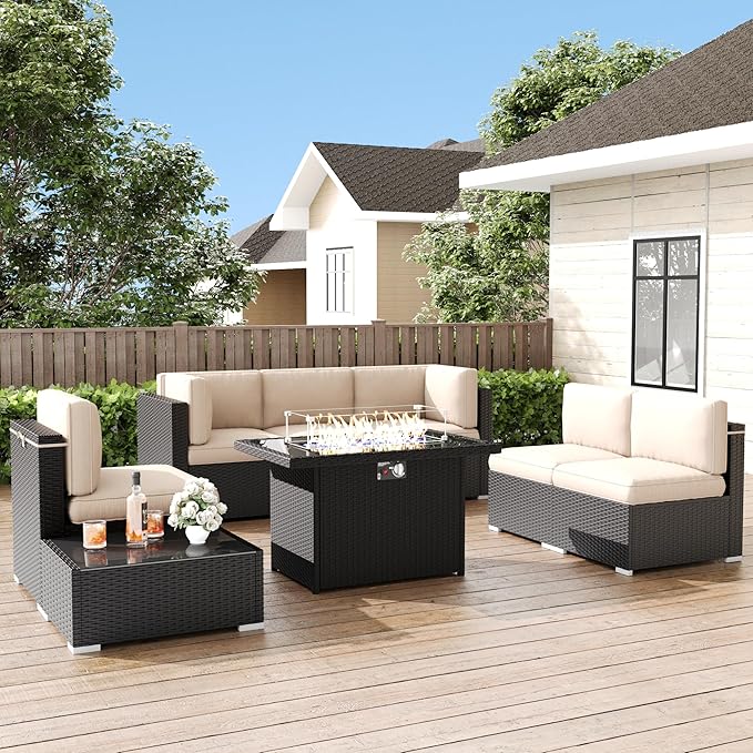 LayinSun 8 Pieces Patio Furniture Set with Fire Pit Table, Black Rattan Modular Sectional Patio Conversation Sofa Set