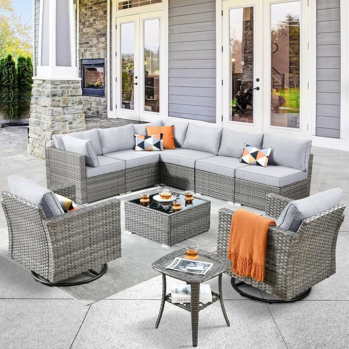 ovios Outdoor 10 Piece Coversation Set with Swivel Rocking Chair,Sectional Patio Furniture Set with All-Weather Wicker Sofa,Modern Outside Couch for Balcony Backyard Pool, Grey