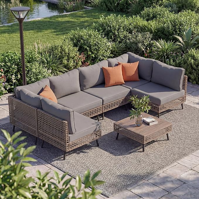 LAUSAINT HOME 7 Pieces Outdoor Sectional Sofa Set, All-Weather PE Wicker Rattan Patio Conversation Set with Thick Cushions & Coffee Table, Patio Furniture Set for Garden, Backyard, Porch (Gray)
