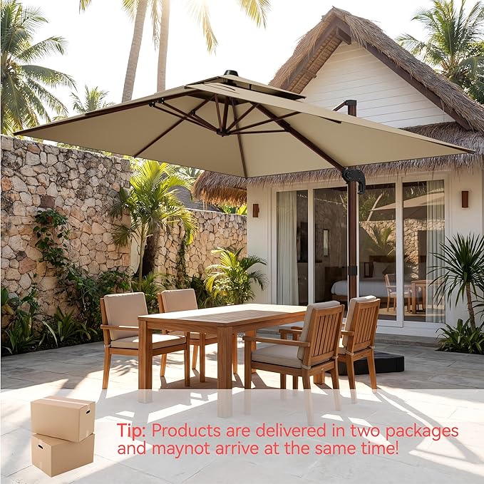 10x13 FT Wood Pattern Patio Umbrella with Base, Large Deluxe Cantilever Rectangular Double Top Heavy Duty Offset Umbrellas with 360° Rotation, Outdoor shade for Garden Pool Patio, Beige