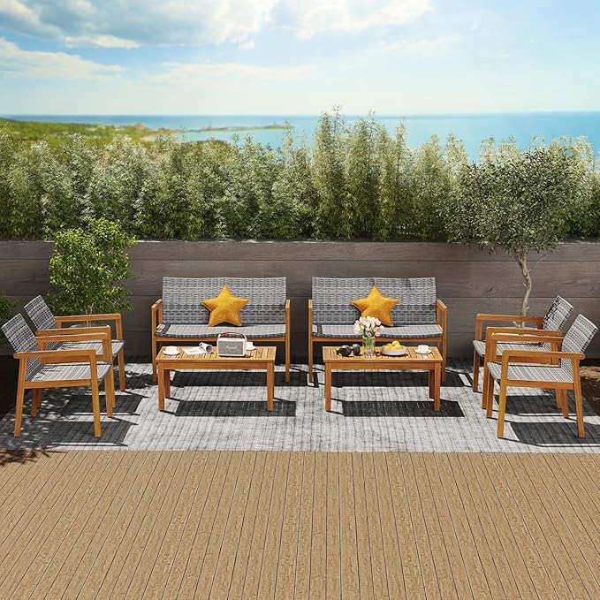 Tangkula 8 Pieces Outdoor Furniture Set, Acacia Wood Frame Sofa Set w/Rattan Seat & Back, Patio Conversation Set w/Coffee Table for Balcony, Poolside, Backyard