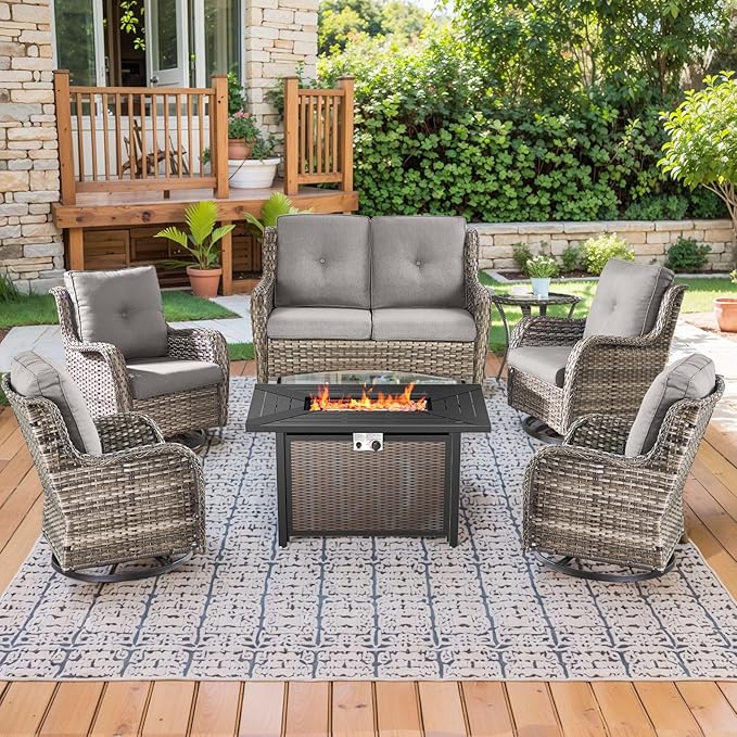Patio Loveseat Glider Set, Resin Wicker Loveseat Glider with 4 Swivel Patio Chiars Rectangular Firepit Table, 7 Piece Patio Conversation Loveseat Set, Grey Wicker|Grey Cushions