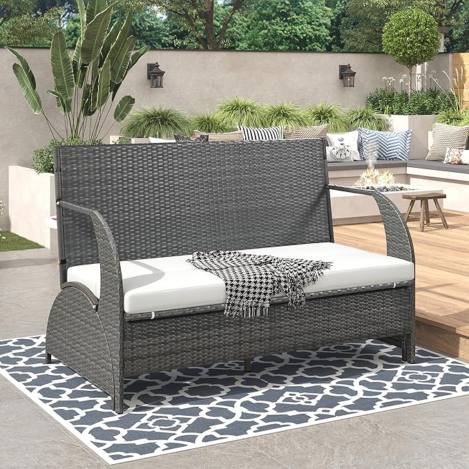 Merax Outdoor Rattan Loveseat, Patio Conversation Sets, Convertible to Four Seats with Table Sofa for Backyard, Garden and Lawn, Beige