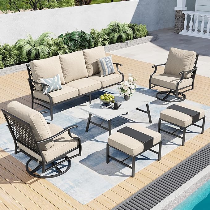 Patio Furniture Set, Modern Metal Outdoor Patio Furniture, 3 Seater Sofa, 2 Swivel Chairs, 2 Ottomans, Coffee Table and 5.75" Extra Thick Cushion, Patio Conversation Set for Backyard