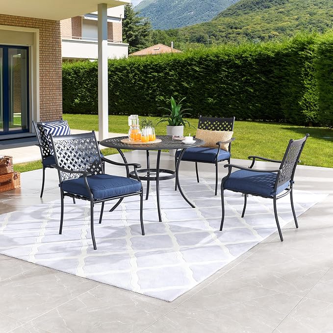 LOKATSE HOME 5-Piece Outdoor Patio Metal Dining Set with Iron Armrest Cushioned Chairs and Steel Round Table with Umbrella Hole, Blue