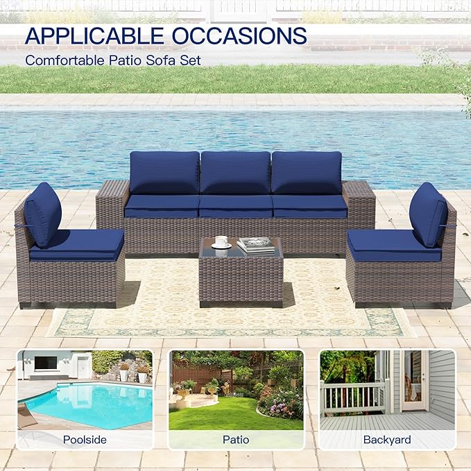 6 Pieces Patio Furniture Sets with Glass Tea Table,PE Rattan Wicker Patio Conversation Set with Washable Cushions,Outdoor Patio Sectional Furniture Set for Backyard, Poolside, Garden,Navy