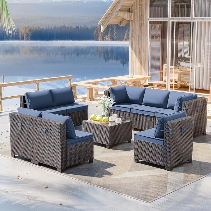 ALAULM 9 Pieces Patio Furniture Set Wicker Patio Conversation Set, Outdoor Sectional Furniture w/Coffee Table & Washable Seat Cushions-Dark Blue