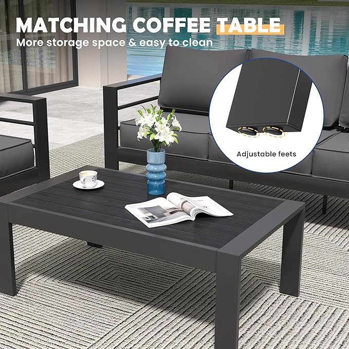 Amopatio Aluminum Patio Furniture, 5 Pcs Metal Modern Patio Furniture Set, Outdoor Sectional Sofa for Balcony, Garden, Dark Grey (Included Waterproof Covers)