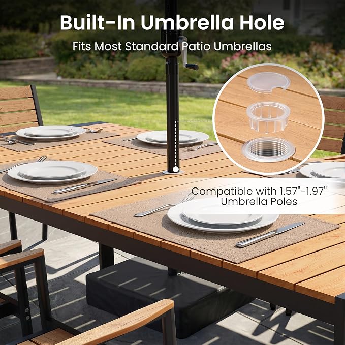 Crestlive Outdoor Dining Table for 8, Patio Table with Umbrella Hole, Aluminum Frame & WPC Wood-Like Tabletop Ideal for Garden, Backyard, and Indoor