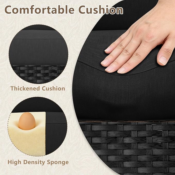 7 Piece Outdoor Patio Furniture Set, Rattan Chairs Glass Table Wicker Conversation Seating Sectional Sofa with Cushions (Black-Black, 7Pcs-Straight Back)
