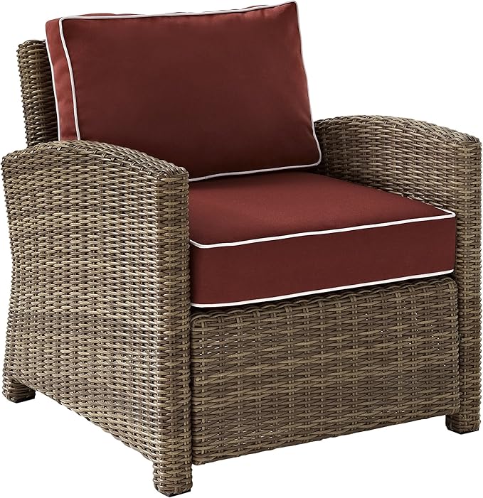 Crosley Furniture Bradenton 5-Piece Outdoor Loveseat Patio Furniture Set, Wicker Conversation Sets for Porch, Brown with Sangria Cushions