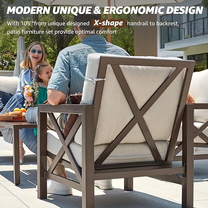 NATURAL EXPRESSIONS 4 Pieces Patio Furniture Sets,Outdoor Sectional Metal Furniture Conversation Set with Loveseat Chair,2 Single Chairs 1 Metal Table,6.5" Beige Cushions for Yard,Garden