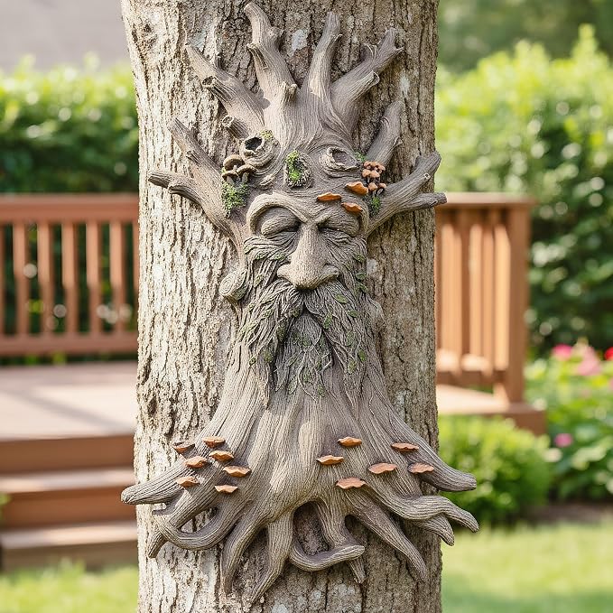 12" Real Tree Face Hugger Statue, Garden Trees Tree Huggers Decor with Mushroom Foliage Features, Outdoor Fairy Elve Accent Yard Art, Halloween Trees Decorations Outdoor Wall Mounted Statue
