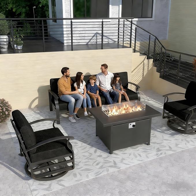Gotland Outdoor Aluminum Patio Furniture Set with Fire Pit Table, 5 Pieces Metal Patio Furniture with 2 Swivel Rocking Chairs Waterproof 5.1'' Seat Cushions, for Garden Balcony Porch