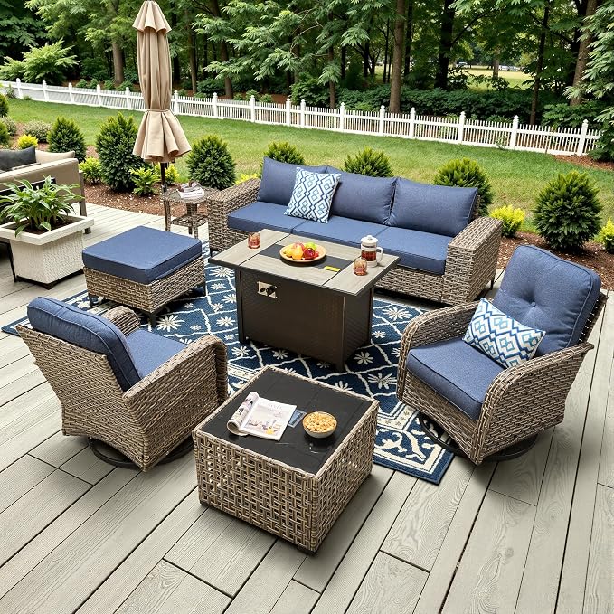 9-Piece Wicker Outdoor Sectional Furniture with Fire Pit, Wide Armrest Patio Couch Set Swivel Rocking Chair Ottoman Solar Table, Modular Conversation Sets for Backyard Deck Garden, Denim Blue