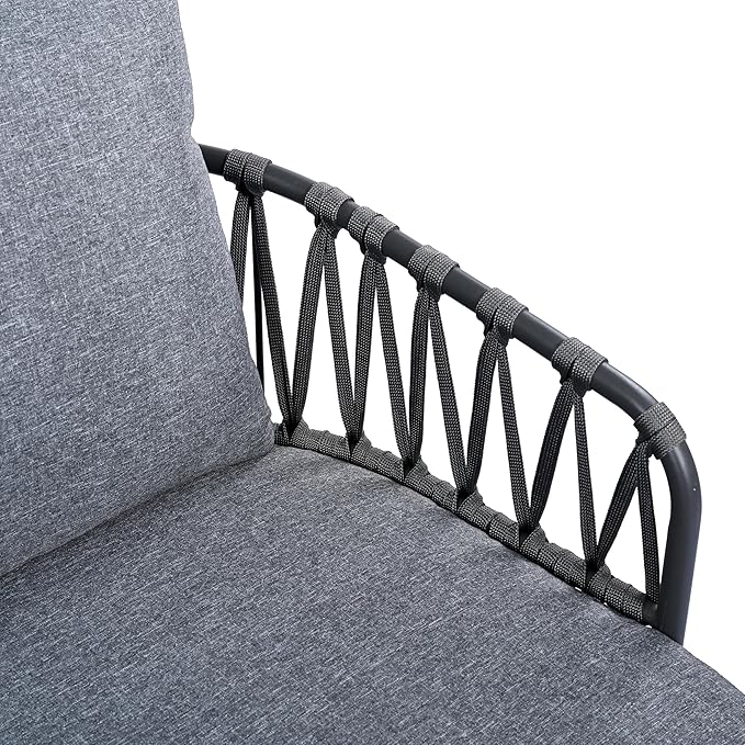 Montary 4-Piece U-Shaped Outdoor Patio Conversation Set - Metal Chairs with Woven Rope Design, Includes Acacia Coffee Table & Thick Cushions for Garden,Poolside, Balcony, Backyard (Gray)