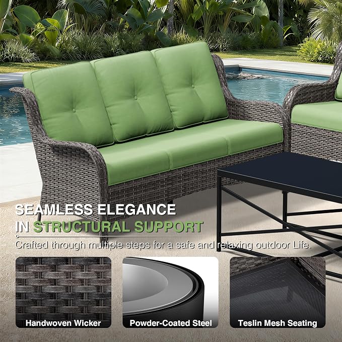 Joyside 7 Piece Wicker Patio Furniture Set, Rattan Patio Chairs with High Back, Deep Seating, Wide Armrest, Thickened Cushions, Outdoor Furniture for Deck, Porch Use