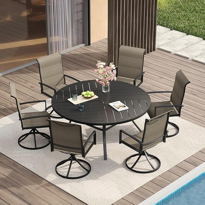 VICLLAX Patio Dining Set for 6, 6 Seats Outdoor Furniture Includes 50.1" Round Patio Table and Swivel Padded Chairs, Black Tabletop and Mixed Brown Fabric