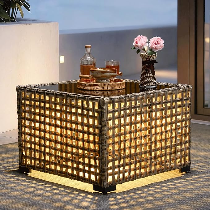 ovios Outdoor Side Table with Tempered Glass Top, Patio Wicker Solar Table, Rattan Bistro End Table for Porch Deck Balcony Garden Poolside, Mixed Brown