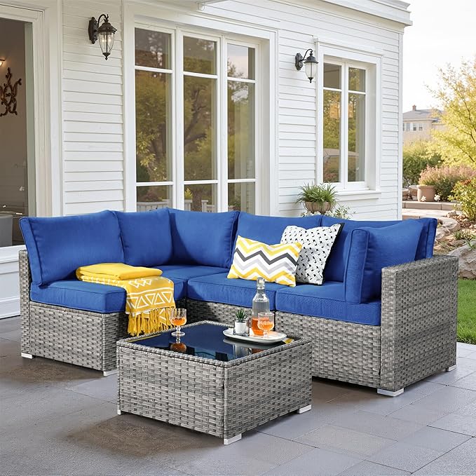 5 PCS Outdoor Patio Furniture Sets,Wicker Weather Resistant Patio Conversation Set with Comfy Cushions,Modular L Shaped Sofa with Coffee Table for Yard Backyard Porch Garden Poolside,Navy Blue
