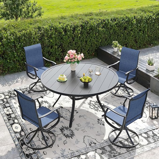 DIFY Outdoor Dining Set for 4, 5 Piece Patio Table and Chairs Set, Swivel Patio Dining Chairs with Blue Textilene & 47.2" Black Round Metal Dining Table with Umbrella Hole, for Garden Backyard Deck