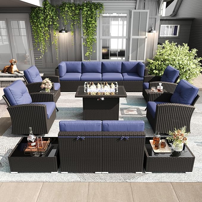 LayinSun 15 Pieces Patio Furniture Set with Fire Pit Table, Black Rattan Modular Sectional Outdoor Conversation Sofa Set, Swivel Rocking Chairs Set