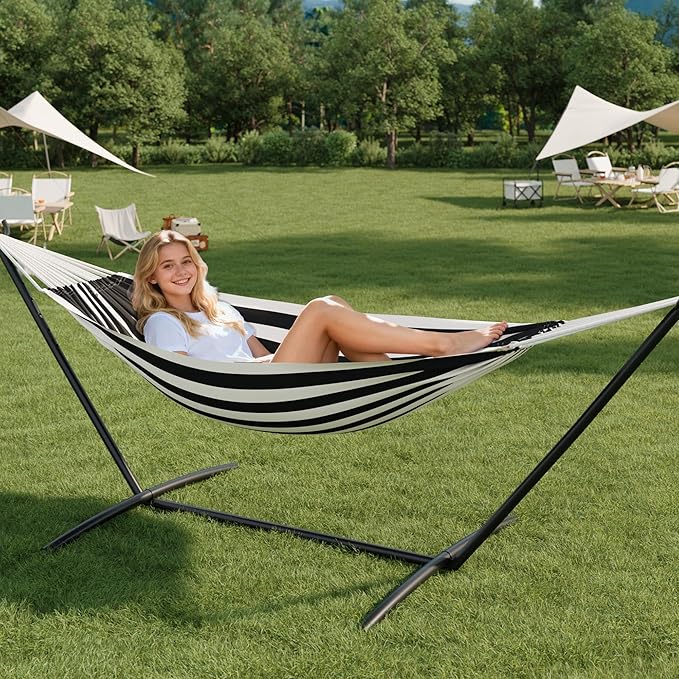 GAOMON Double Hammock with Steel Stand for Outside, Portable Space Saving, for Indoor Outdoor Patio w/Carrying Bag, 450 lbs Capacity - Black&White Stripes