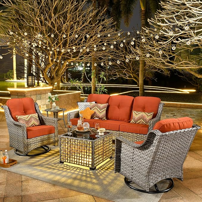 ovios 5 Piece Outdoor Patio Furniture with 3 Seat Sofa,Rattan Wicker Coversation Set with Swivel Rocking Chair,Balcony Sofa Set with Shiny Table for Outside Porch Backyard Pool, Orange