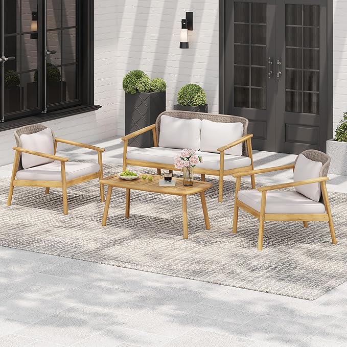 Christopher Knight Home Landon 4 Pieces Patio Conversation Set, Acacia Wood Loveseat and Coffee Table, Woven Rope Couch, Wood Club Chair, Armchair and Table Set for Garden Balcony Yard, Teak+Beige