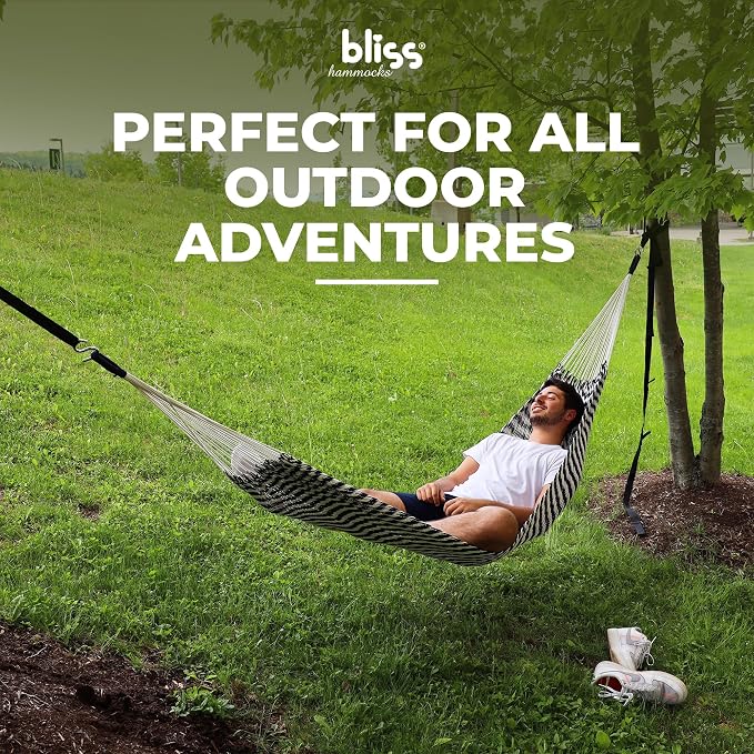 Bliss Hammocks Brazilian Style Rope Hammock, 34 Inch Wide Bed with Braided Rope Ends & Zinc-Coated Hardware - 350 Pound Capacity, Blue/Natural
