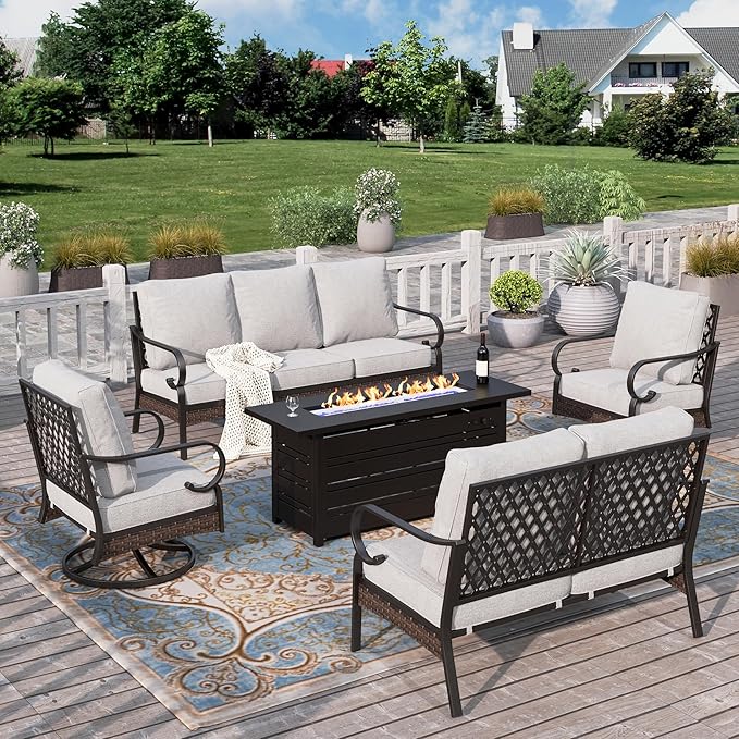 HERA'S HOUSE 5 Piece Metal Patio Furniture set with 56" Fire Pit Table, All Weather Outdoor Conversation Set, 3 Seat Sofa with Loveseat, 2 Swivel Chairs, Seats 7 for Backyard, Garden, Deck, Light Grey